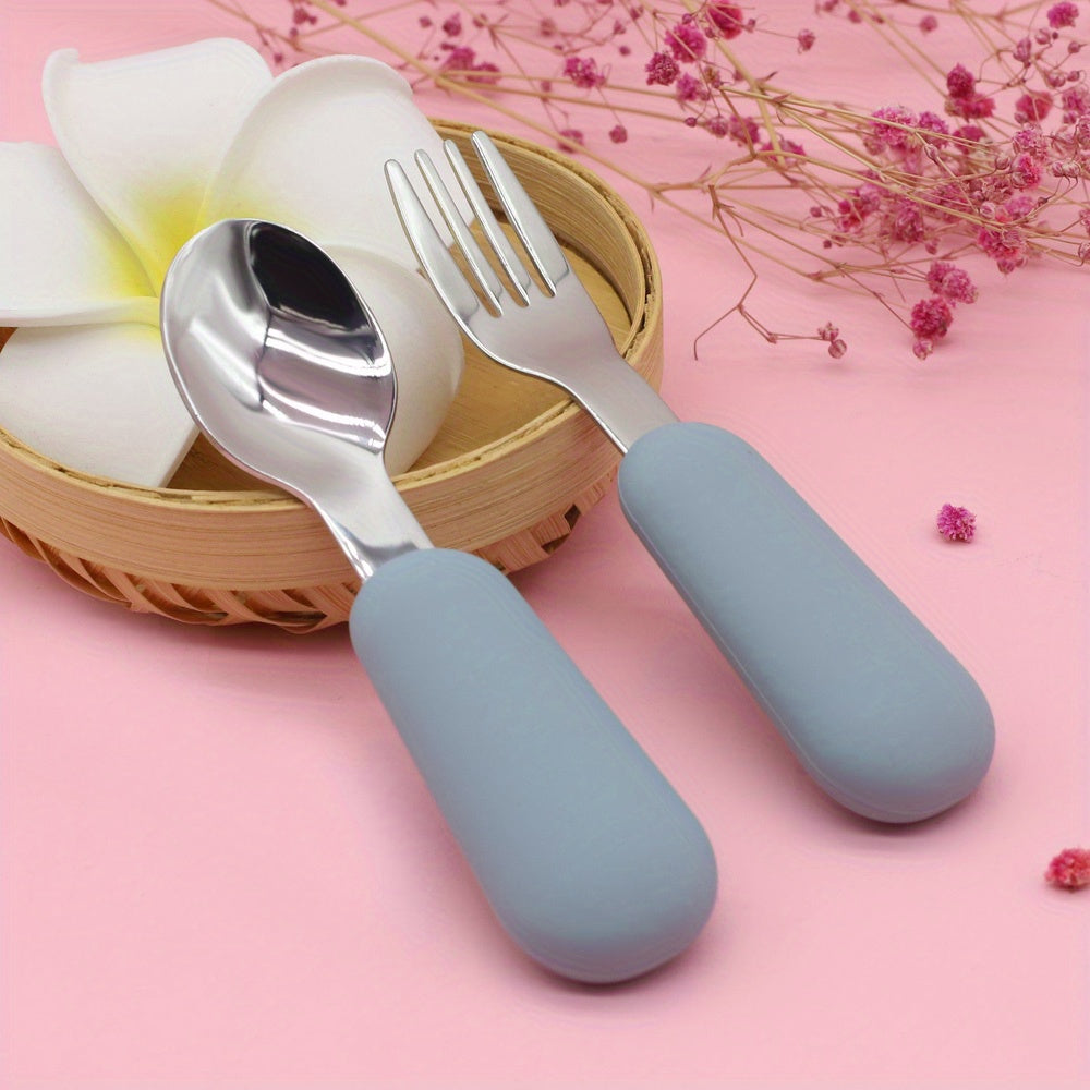 Set of 2 Stainless Steel Toddler Cutlery: Baby Fork and Spoon with Round Handles for Lunch Box - Safe and Perfect for Kids