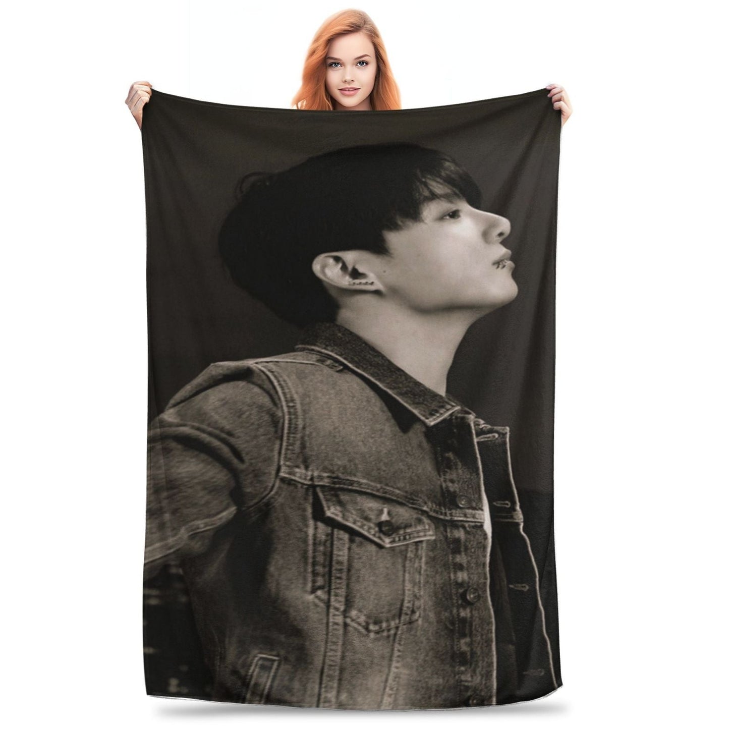 Stay cozy and stylish with the K-pop Idol themed printed flannel blanket. This contemporary design offers all-season comfort with its 250-300gsm knit fabric. Made from polyester and featuring a digital print, this blanket is perfect for use in your car