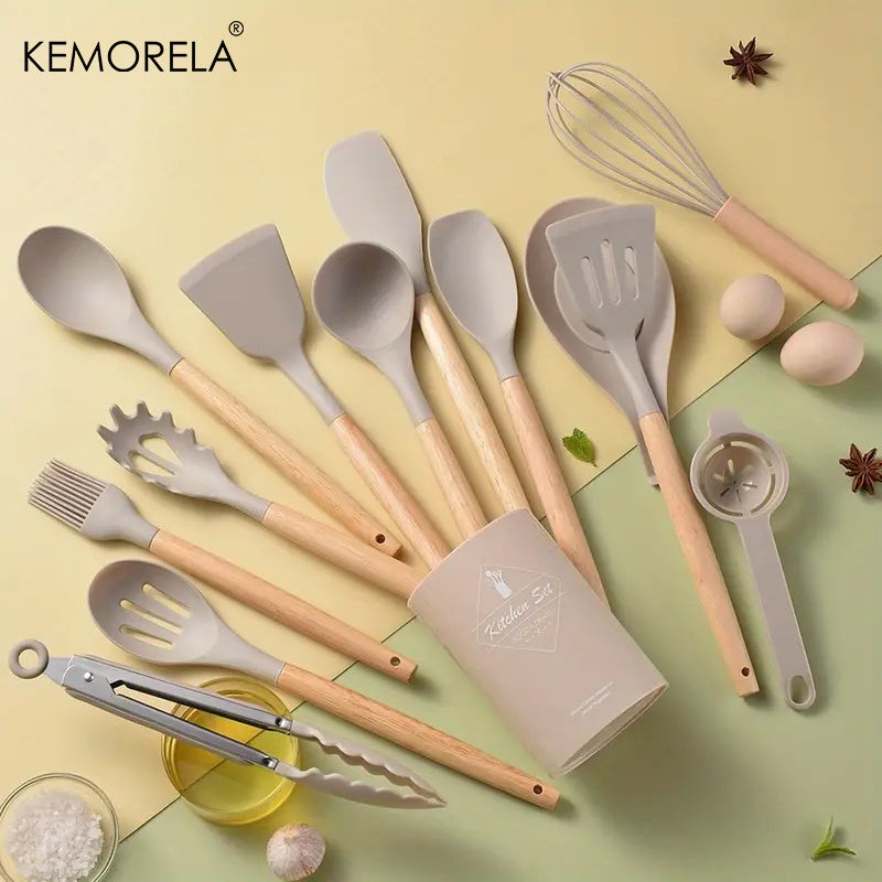 KEMORELA 14-Piece Silicone Kitchen Utensil Set with Wooden Handles and Storage Bucket - Non-Stick, Food-Safe Cooking Tools Ideal for Apartments and Dorms, by KEMORELA