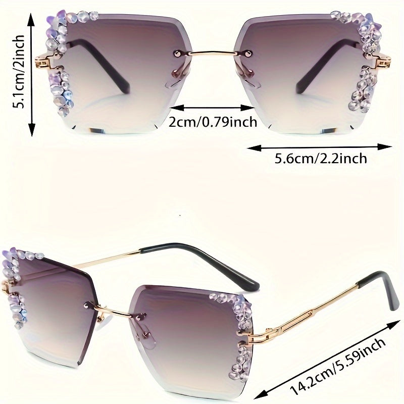 2 rhinestone rimless fashion glasses for women with gradient lenses, metal frames, and casual yet fashionable design.