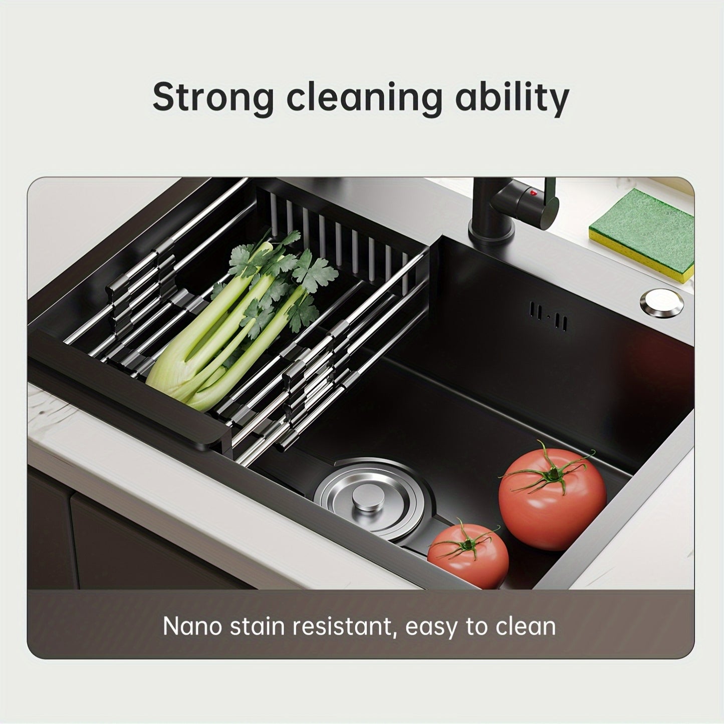 Single bowl black stainless steel kitchen sink with center drain, pull-out faucet for easy cleaning, and quick drainage. Resistant to stains and oil.