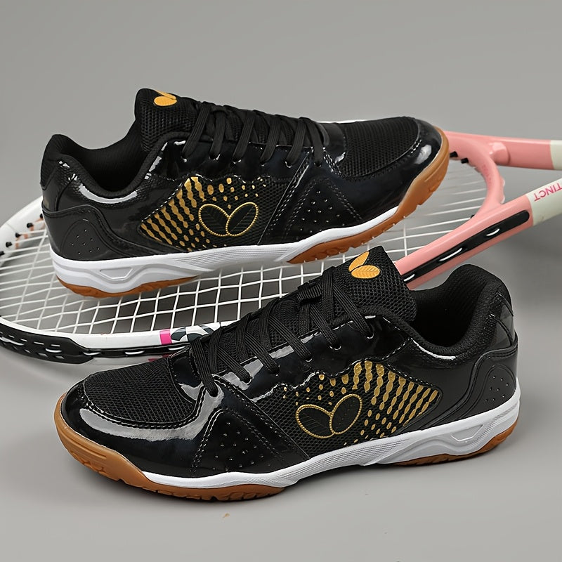 Professional badminton and tennis shoes with breathable, non-slip, and durable features for all seasons. Made of fabric and synthetic materials with EVA and rubber sole. Designed with