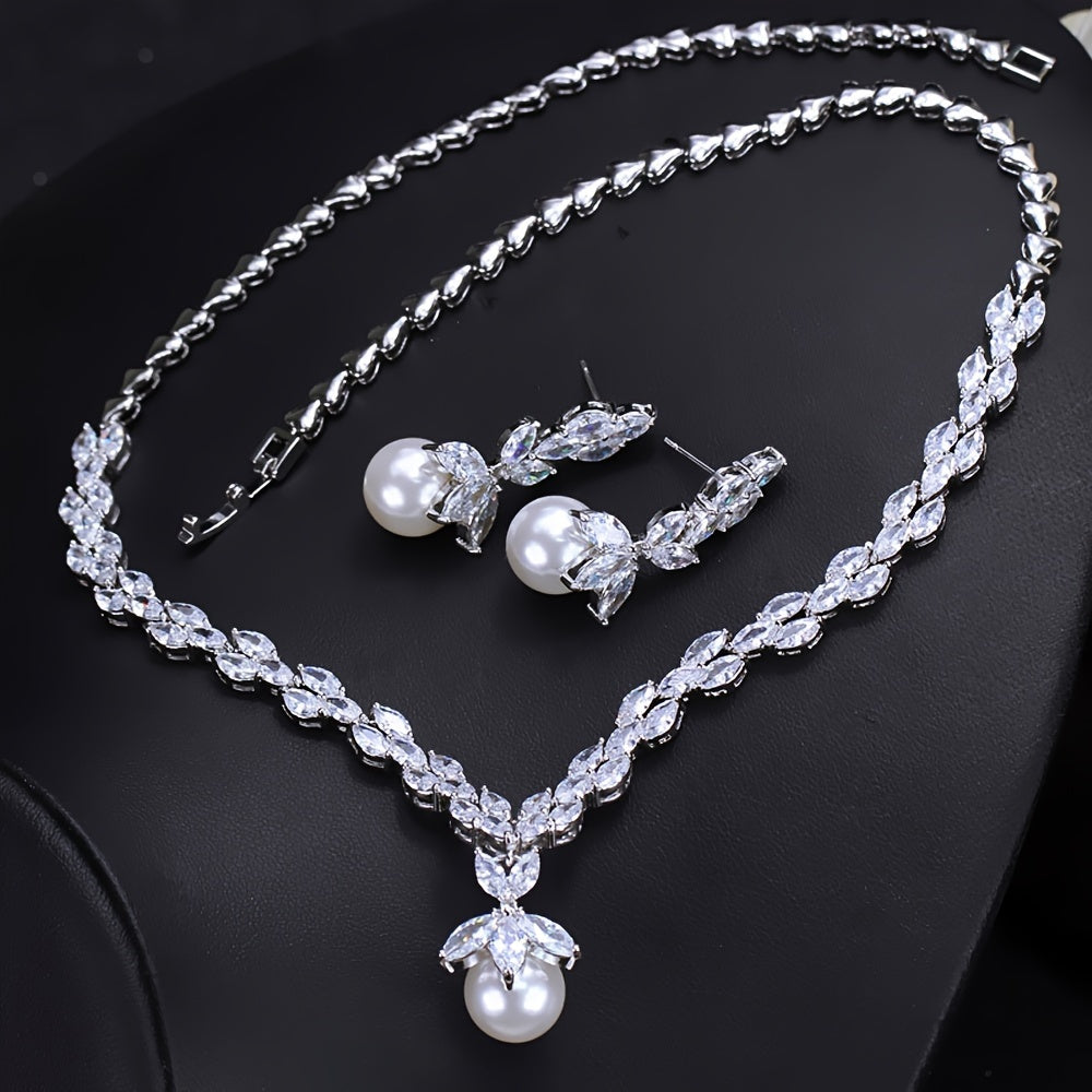 Three Graceful Bridal Accessories Featuring Synthetic Cubic Zirconia Round White Artificial Pearl Pendant Necklace and Earrings - Perfect Wedding Jewelry Set for Women