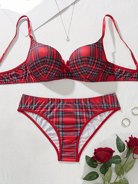 Plaid lingerie set for women made of 95% polyester and 5% elastane. Features medium support bra and mid-rise briefs in color block design. No chest pad included. Part of adult lingerie