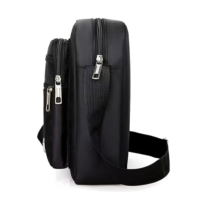 Men's casual business shoulder bag with adjustable strap, multi-layer crossbody design, and zipper closure. Made of polyester with no print design, perfect for going out.