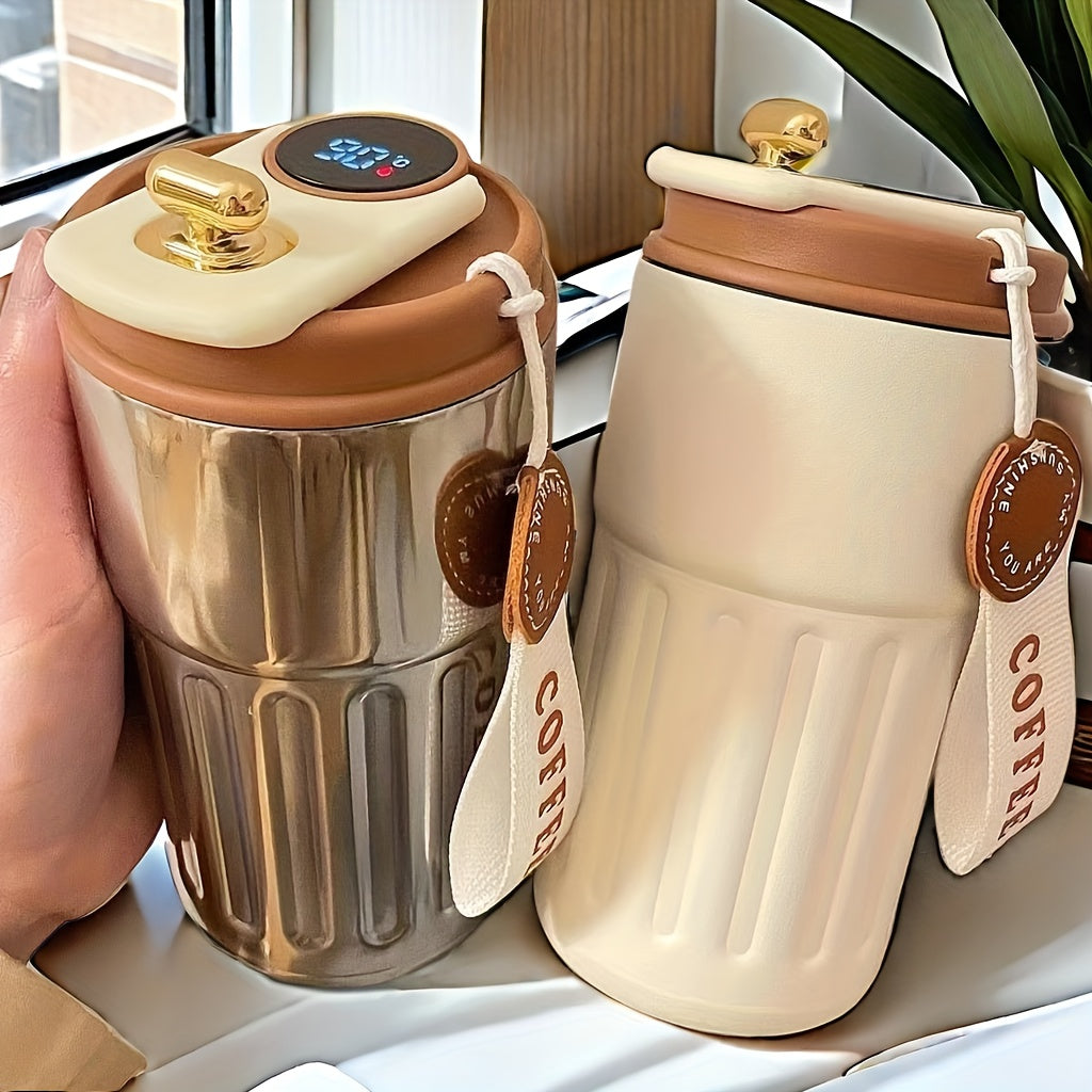 A 410ml stainless steel travel mug with temperature display, keeps beverages hot or cold, perfect for any occasion.