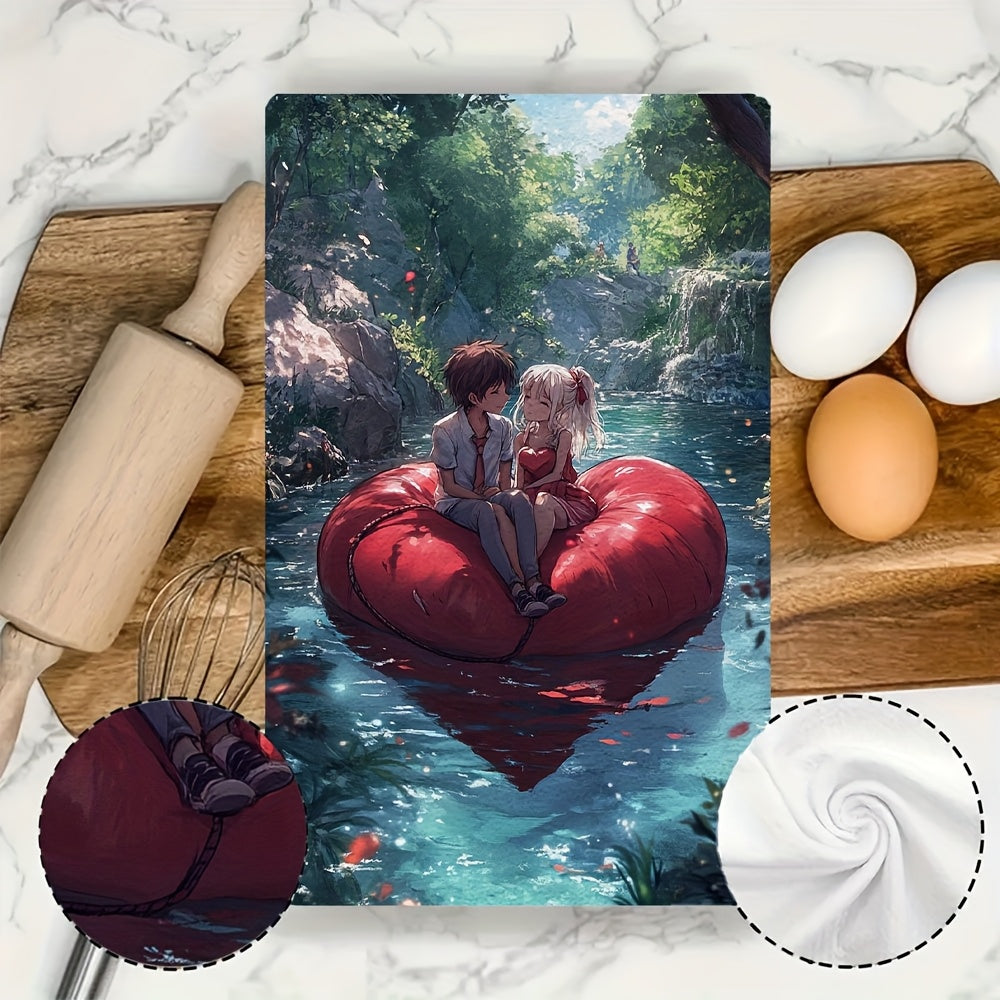 2 pieces of Kitchen Towels with ultra soft texture featuring an anime couple sitting on a heart-shaped raft, leisurely floating down a lazy river. These highly absorbent dish hand towels are perfect for holiday decor. They are machine washable and