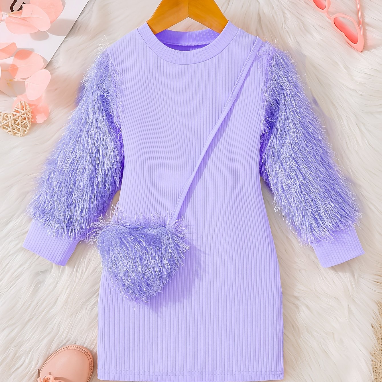 Pink tassel sleeve dress with bag detail for girls in casual spring and autumn style.