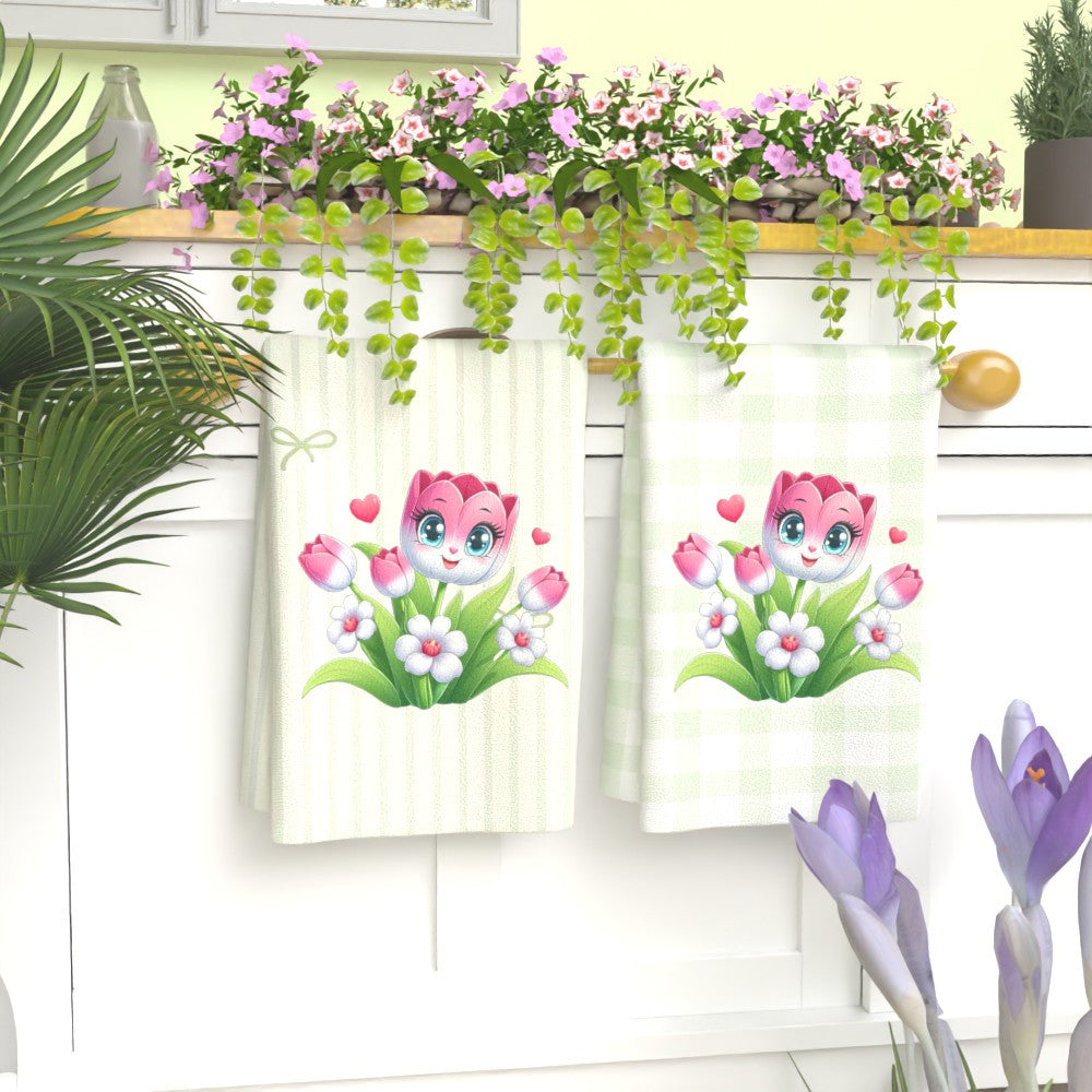 Two pieces of incredibly soft decorative towels featuring a whimsical flower design. These towels measure 45.72x66.04 cm and are both quick-dry and highly absorbent, making them perfect for use in the kitchen or bathroom. They are also machine washable