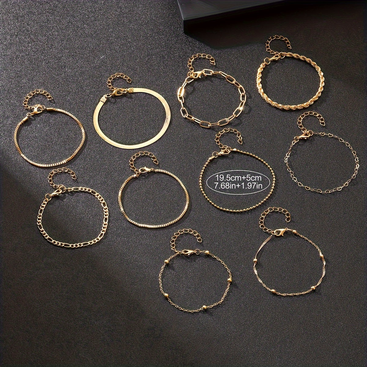 Set of 10 elegant golden-toned bracelets with multi-layer designs and heart charms, ideal for daily wear or parties.