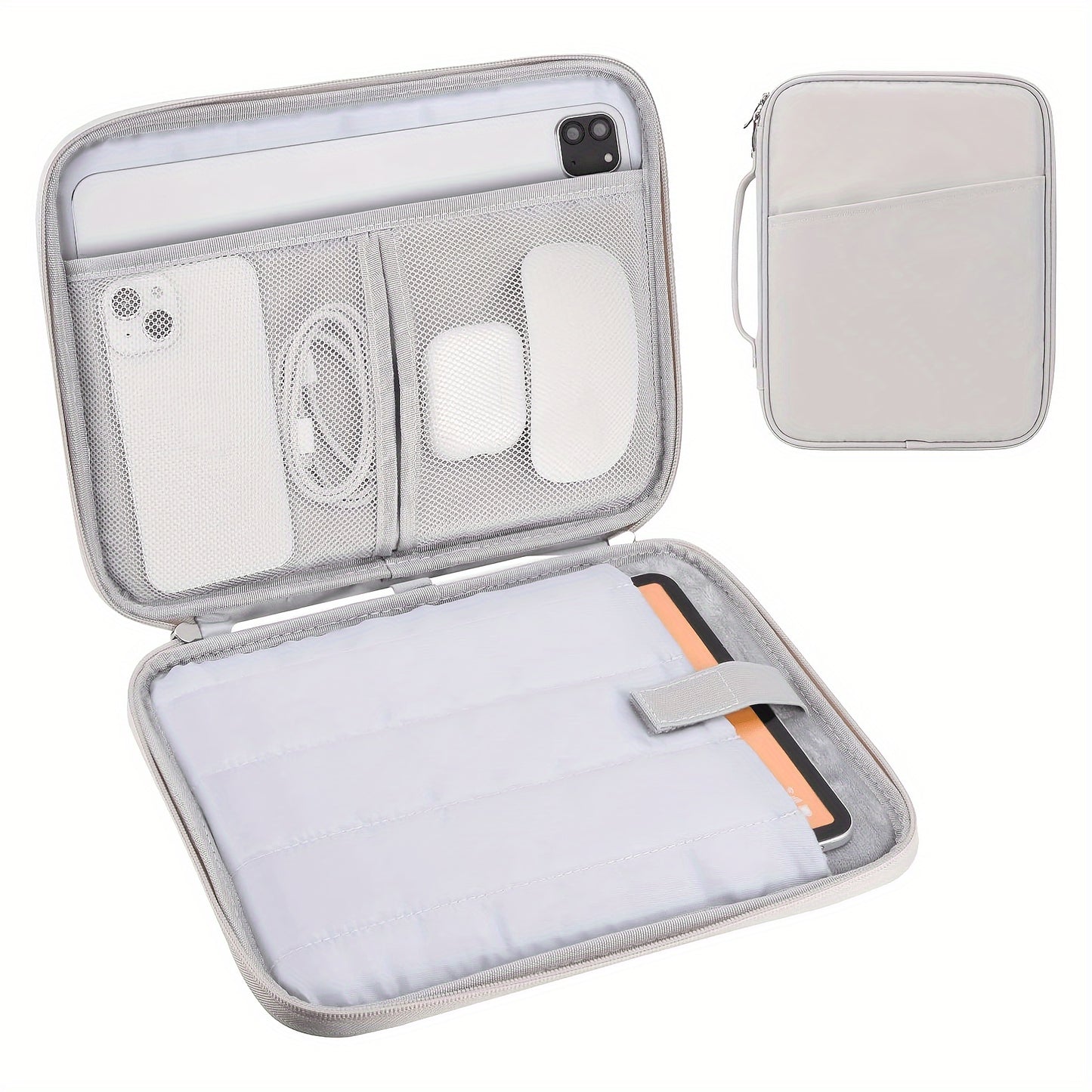 Waterproof tablet sleeve case with handle and front pocket made of durable polyester. Compatible with various tablets such as iPad, Kindle, Samsung Galaxy, and Android tablets. Available in