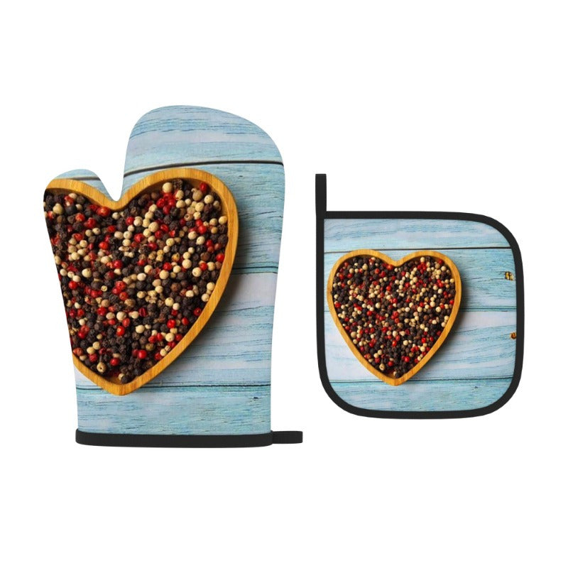 2 sets of heat resistant oven mitts and potholders with heart-shaped molds on a wooden board. Perfect for kitchen decoration, cooking, grilling, baking, and makes a great holiday gift. Suitable for use with peppercorns. Dimensions are 26.92 x 17.02 cm.