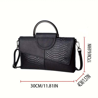 Luxurious black crocodile pattern handbag with zipper closure and polyester lining, ideal for everyday use. Features elegant top handle and sophisticated design.