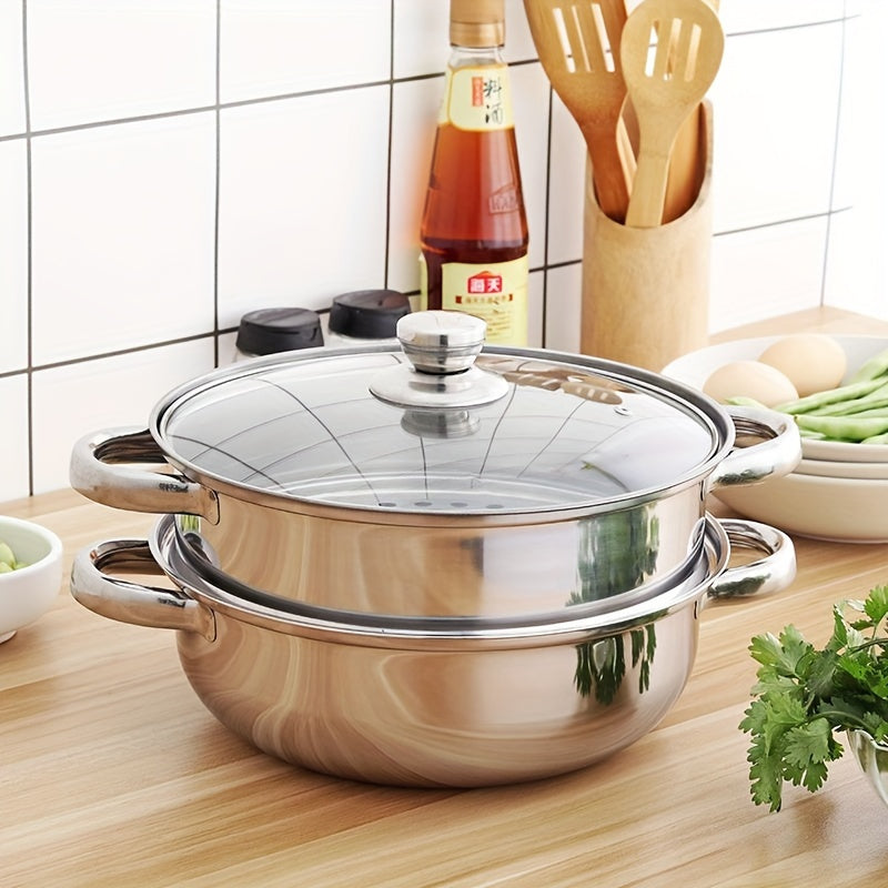 Two-Tier Stainless Steel Steamer Pot Set with Glass Lid - Stackable Saucepans, Induction Stovetop Ready, Ideal for Steaming Food and Vegetables