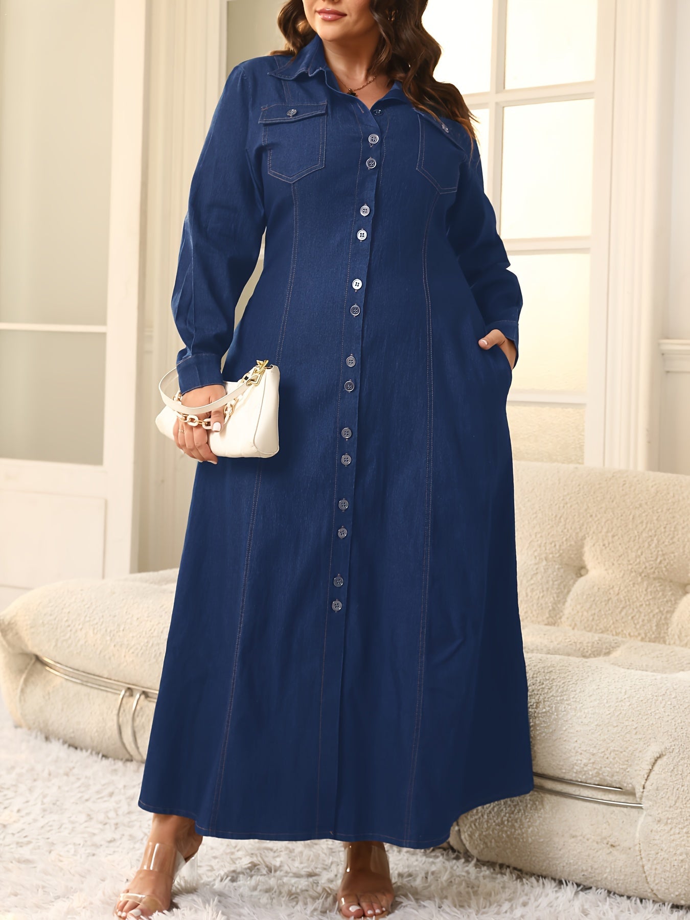 Casual V-Neck Denim Dress for Women, 65% Polyester, 35% Cotton, Slight Stretch, Solid Color, All Seasons, 290g/m² Woven Fabric - Fitted Long Sleeve Style