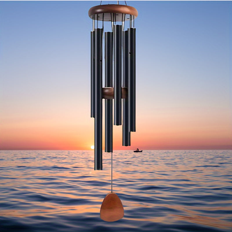 Elegant black solid wood wind chimes with aluminum tubes - perfect gift for home and garden.