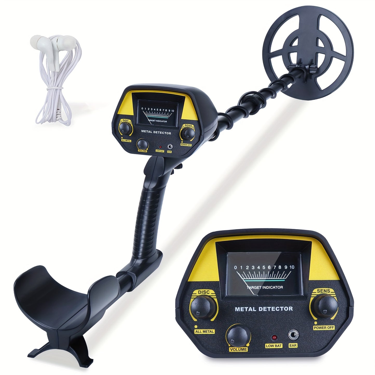 Compact metal detector with high sensitivity and a 20.32cm coil, adjustable power and target identification. Ideal for beach treasure hunting, requires batteries (not included).