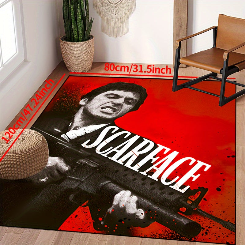 Add a touch of 'Scarface' style with this non-slip mat featuring a red background. Easy to clean and waterproof, available in multiple sizes for use in living rooms, bedrooms, entryways, outdoor patios, and gardens.