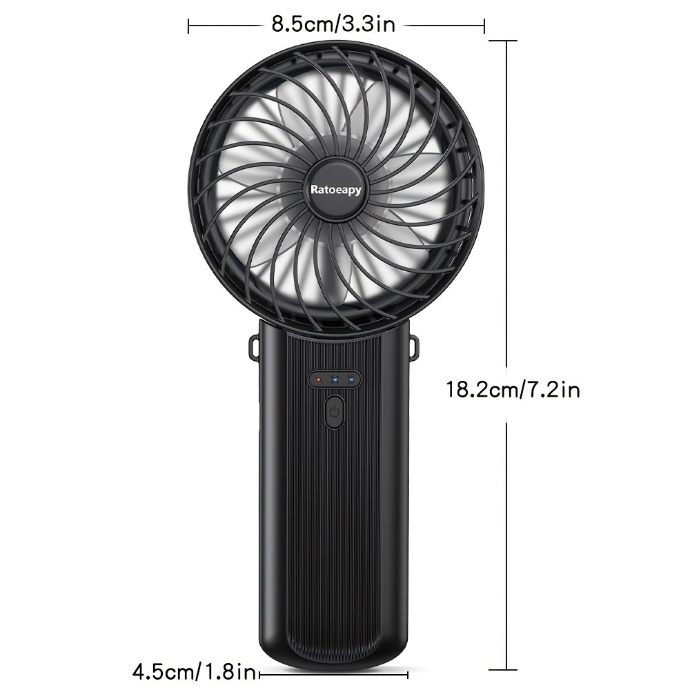 Handheld Fan with 180° Foldable Stand and Wearable Neck Strap, USB Rechargeable, 7-Blade Design, 4-Speed Adjustable, High-Velocity Cooling, 2000mAh Lithium Battery, Button Controls, Sleek Plastic Finish for Indoor and Outdoor Use.