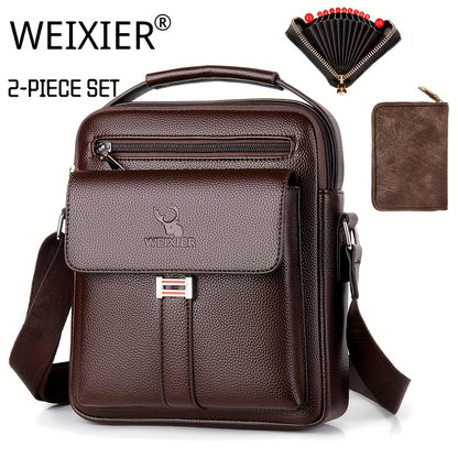 WEIXIER Men's Casual Vintage Shoulder Bag with Multi-Card Holder Wallet, Lightweight and Business Style, Adjustable Strap and Zipper Closure, Polyester Lined, Easy to Clean - Perfect for