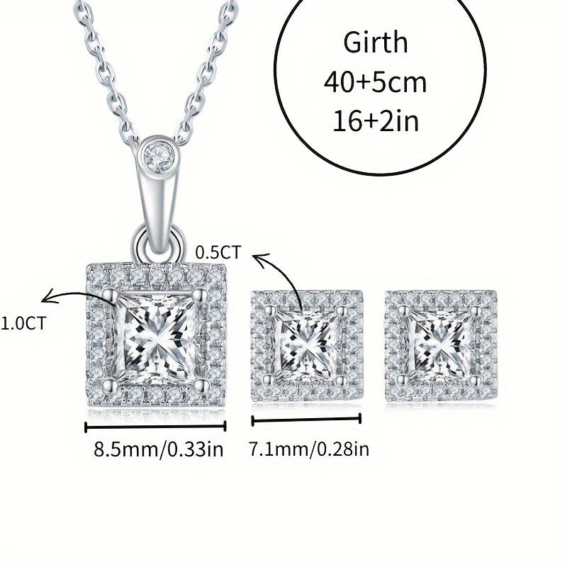 Elegant Square S925 Silver-Plated White Gold Moissanite Pendant Necklace and Earring Set, Stylish Accents for Parties, Vacation Beach Wear, Thoughtful Gift for Her, Unisex Present, Perfect for Everyday Outfits