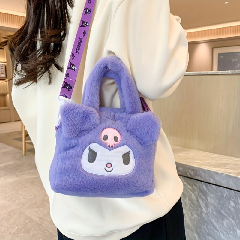 Sanrio plush handbag with Hello Kitty, for Kuromi, My Melody, and Cinnamoroll wallets, and cute fluffy crossbody bag from anime series.