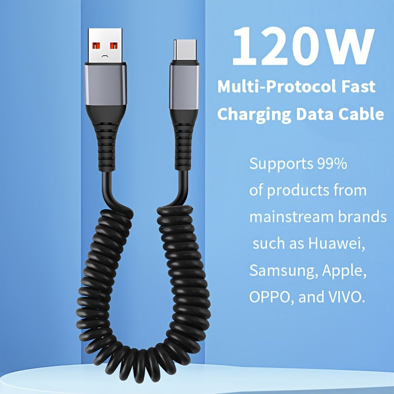 1pc SOZH 120W Super Fast Charging USB to Type-C Cable with Spring Retractable Design, PVC Material, Supports Data Transfer, Compatible with Huawei, Samsung, Apple, OPPO, VIVO - No Battery