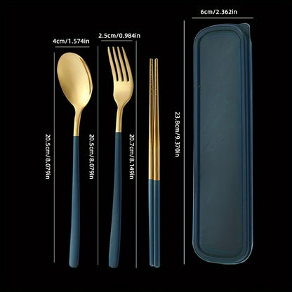 Set of 4 stainless steel portable cutlery with reusable box, including fork, spoon, and chopsticks. Perfect for steak, outdoor gatherings, camping, and as a Chinese-style gift set.