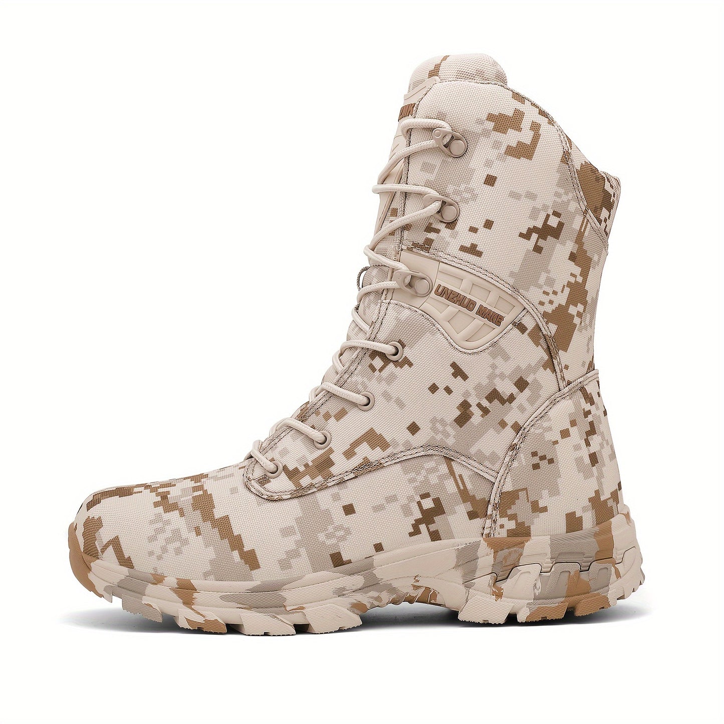 UNZHUO Men's High Top Camouflage Hiking Boots with Zipper Closure, Nylon Upper, Rubber Sole, Non-Slip EVA Insole, Striped Pattern, All-Season Outdoor Footwear.