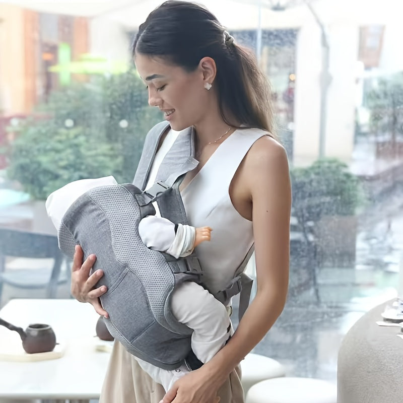 Adjustable polyester baby carrier for infants and toddlers up to 15.88KG, with ergonomic design and front carry wrap. Suitable for newborns to 3-year-olds.