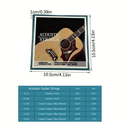 1 Set of stainless steel coated copper alloy wound acoustic guitar strings with quality steel core for folk guitar parts & accessories.