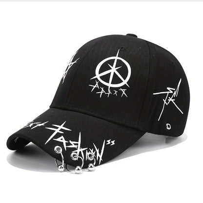 1pc Black and White Iron Ring Baseball Cap, Cool Hip-hop Bead Cap