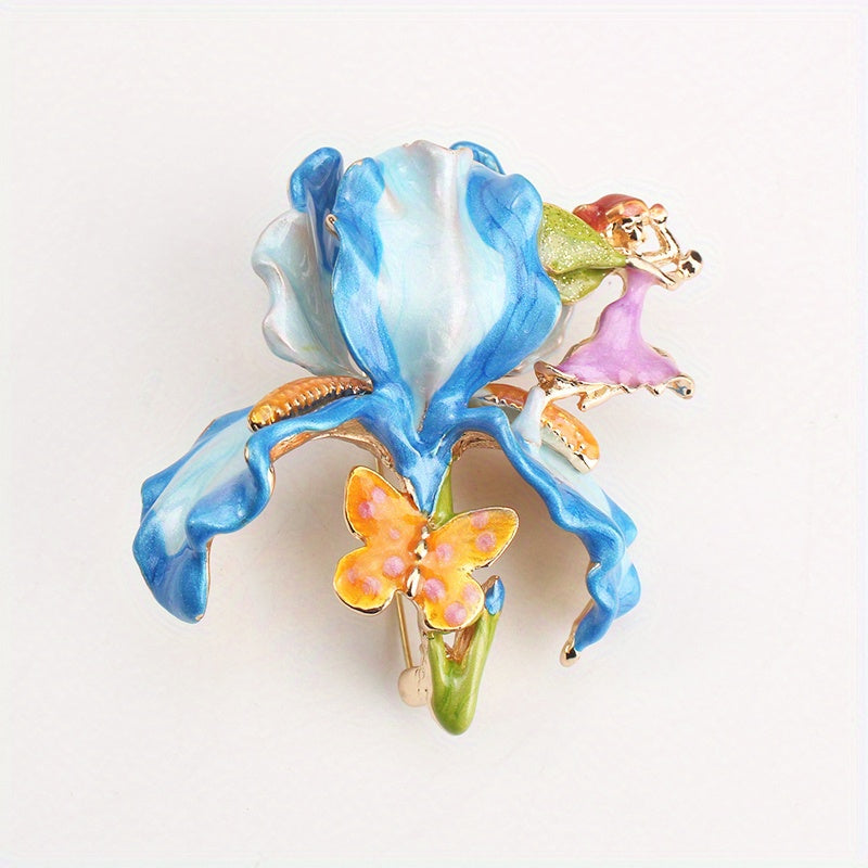 Enamel Iris Pixie Brooch: Vintage-Inspired Elegance with Rhinestones and Irregular Shape