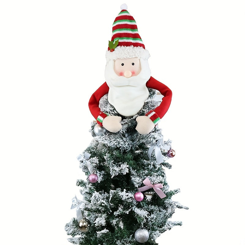 Christmas decorations include an old man snowman, a star tree topper, and a felt hat pendant.