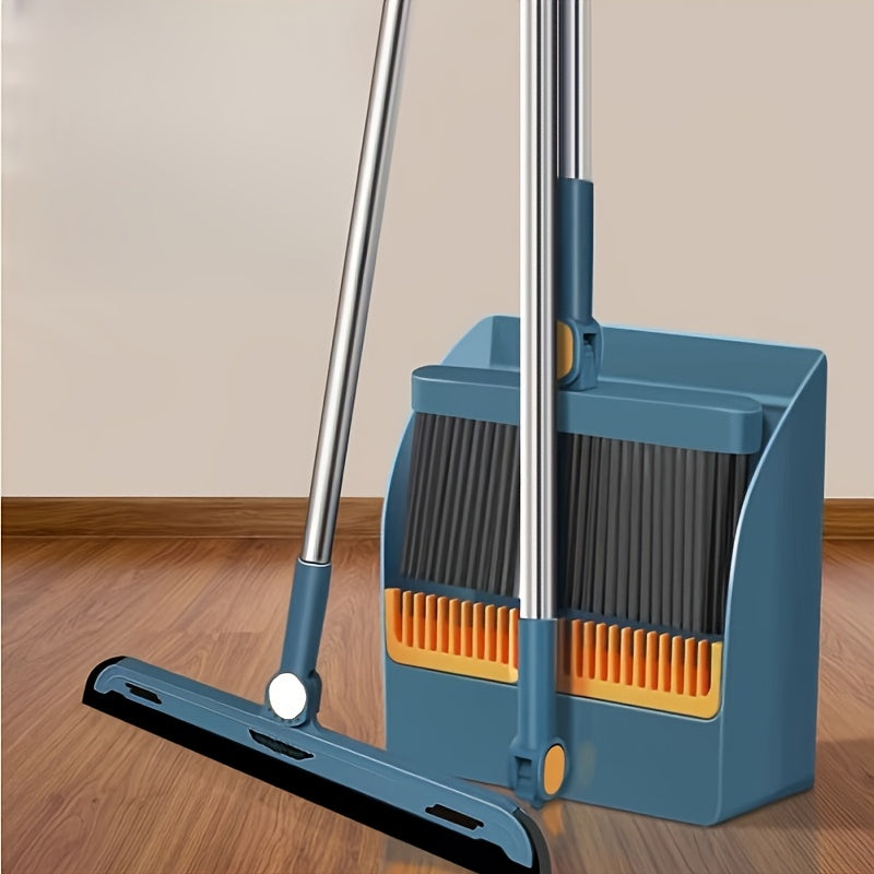 A versatile broom set consisting of three pieces: a broom, dustpan, and hanging water board. The broom features a 360-degree bendable brush head with windproof design and dense bristles, making it ideal for cleaning furniture. Perfect for use in home