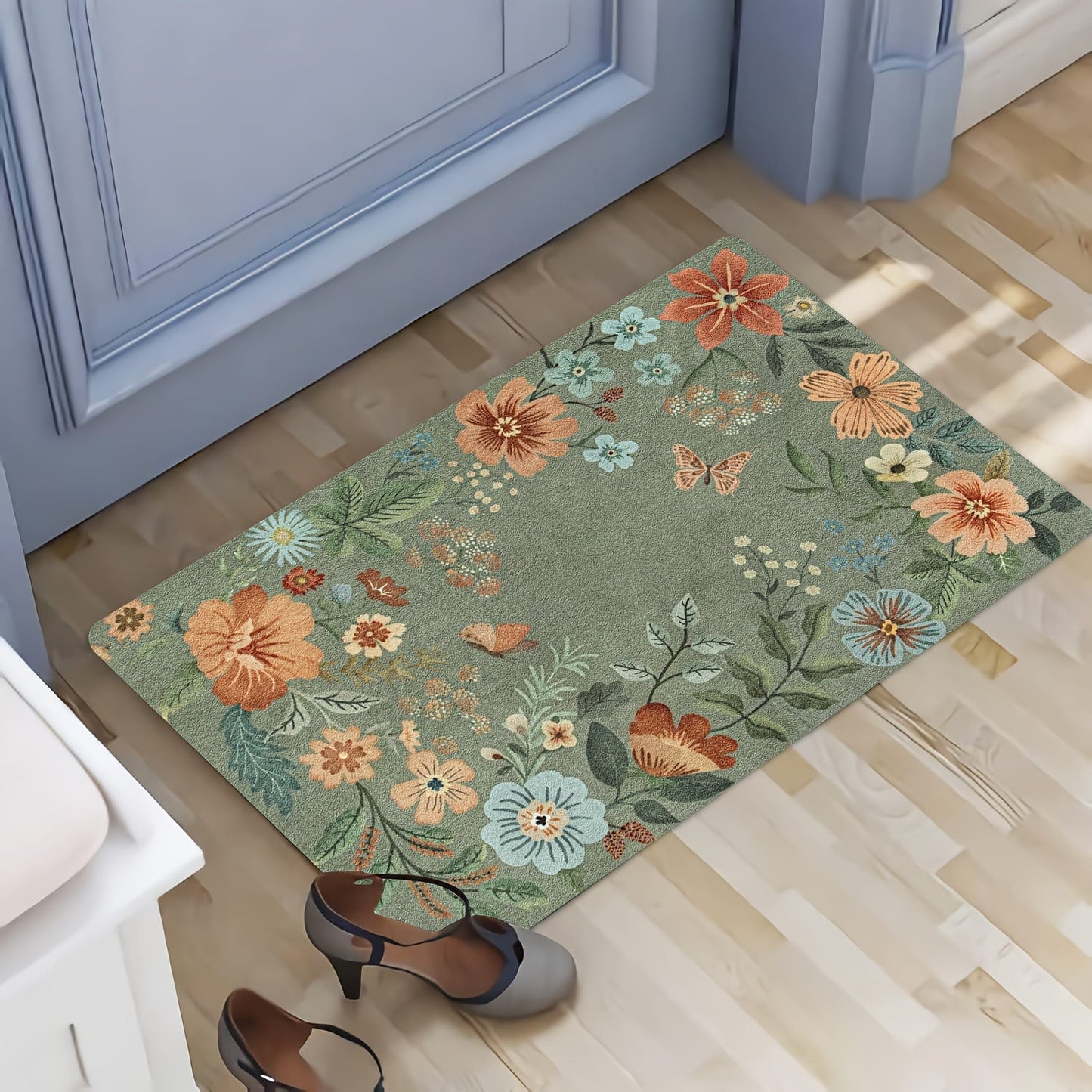 Durable Polyester Entrance Doormat with PVC Backing - Soft, Washable Floral Design for Entryway, Bathroom, Bedroom, Living Room, Laundry - Anti-Fouling, Bohemian Style Rug