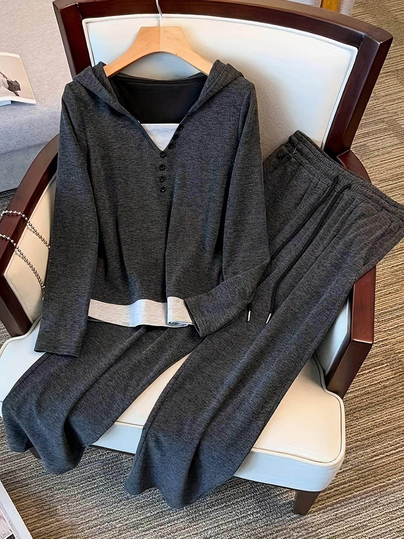 Hooded knit tracksuit set for plus size women, solid color with faux button detail, polyester blend, Fall 2024 Collection.