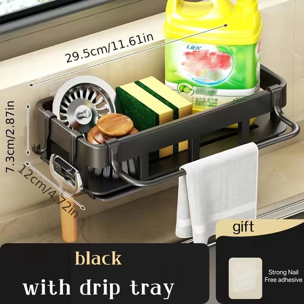 Space-saving kitchen and bathroom sink organizer with towel rack available - Made of durable plastic and metal. This multi-functional wall-mounted storage solution is perfect for sponges, soap, and cleaning tools. Includes drainage slots and under sink