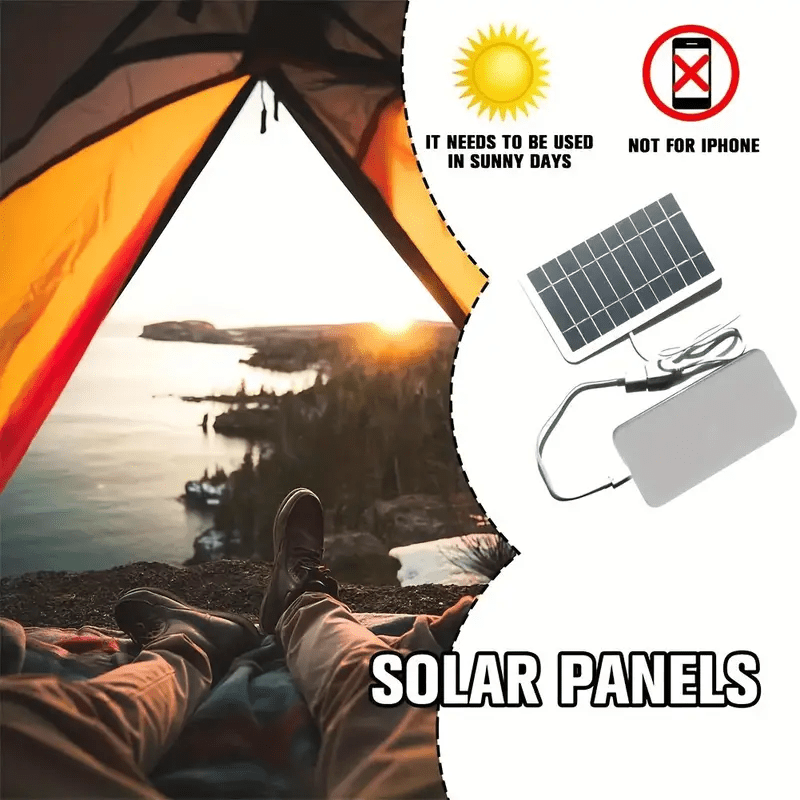 Lightweight USB solar charger for outdoor activities like camping, hiking, fishing, and travel. Operates at ≤36V with female to male polarity and 0-5W output power, no battery required.