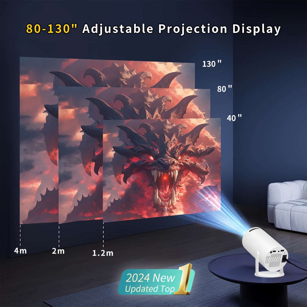 1pc XYA 4K HD Portable Projector with 18000 Lux brightness, 3.3m display, voice control, and compatibility with smartphones, TV sticks, and laptops. European plug with sleek white design