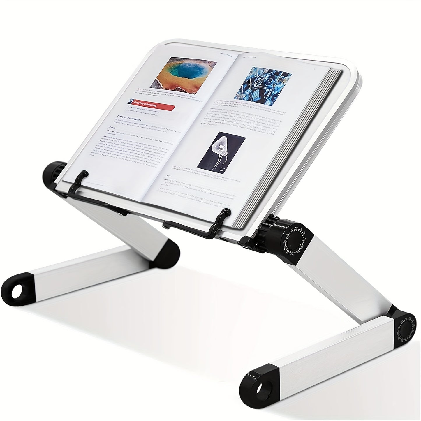 Adjustable and lightweight aluminum book stand with 2 flexible paper clips for tablets, magazines, and documents.