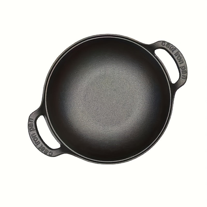 One-piece Double-ear Cast Iron Yuan Treasure Pot featuring a Classic Wooden Lid. This versatile pot can be used as a Flat Bottom Frying Pot, Stew Pot, or Multi-functional Non-coated Non-stick Pot. Suitable for use on Gas Stoves and Electric Magnetic