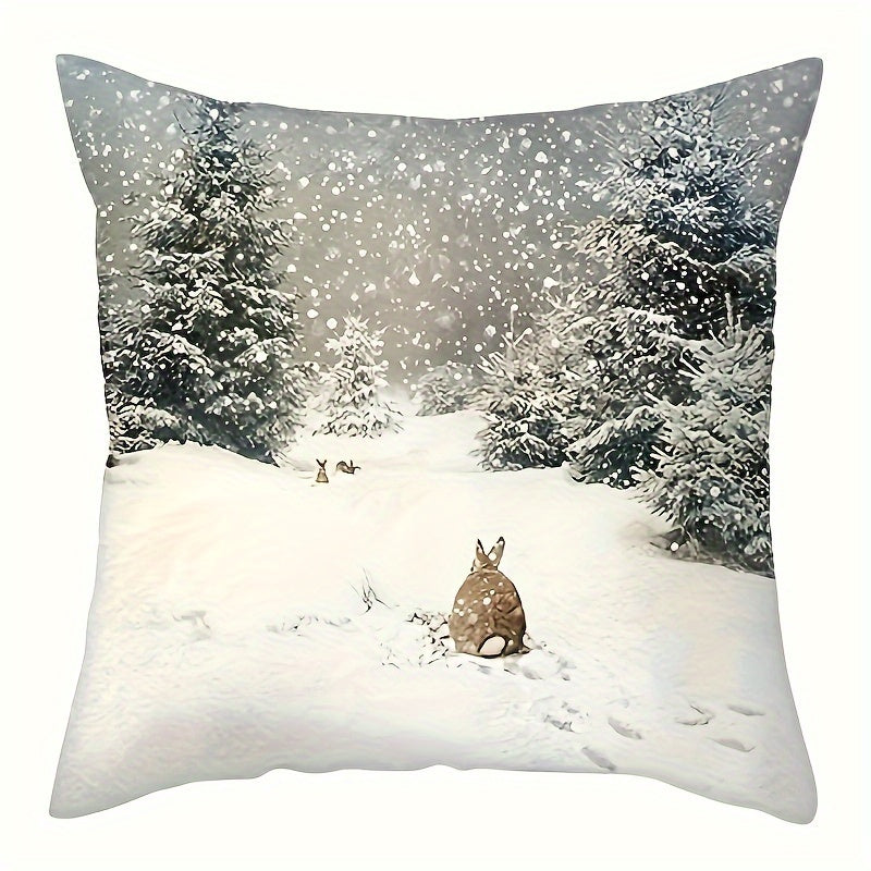 1pc Christmas pillowcase featuring a snow-capped winter landscape with a rustic pine white rabbit design, ideal for farmhouse-style home décor in bedrooms, living rooms, sofas, terraces, and porches. Measures 45.72 * 45.72 cm and does not include pillow