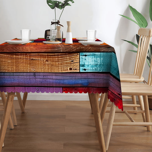 Vintage wood grain print tablecloth with embossed edges, stain resistant, wrinkle-free polyester material. Suitable for various indoor and outdoor uses like birthday parties, home kitchen decor, farmhouse, patio, and bedroom. Great gift for family and