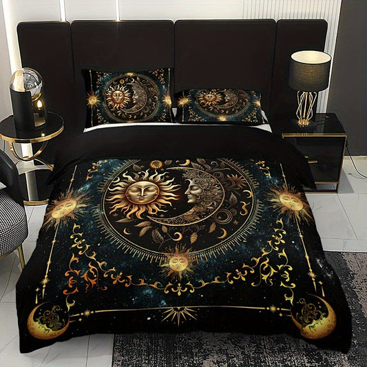 Golden Astrological Design 3 Piece Sun and Moon Celestial Digital Print Duvet Cover Set made of 100% Polyester. Machine Washable, Breathable Fabric for All-Season Comfort. Set includes 1 Duvet Cover and 2 Pillowcases (No Insert). Perfect Christmas