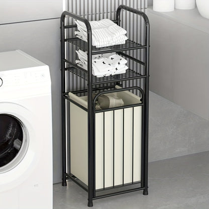 Modern metal laundry hamper with shelf, towel rack, removable liner bag, and open top storage basket in black for various rooms.