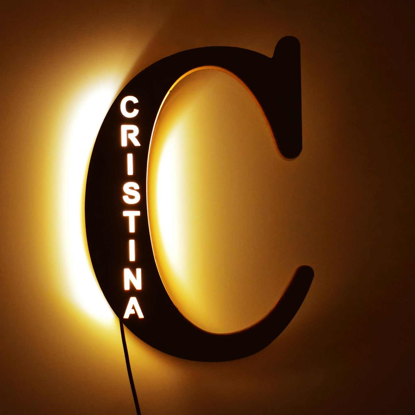 Custom LED letter night light for couples, friends, and family - personalized wooden wall lamp powered by USB. Ideal for bedroom decor with custom uppercase letters.