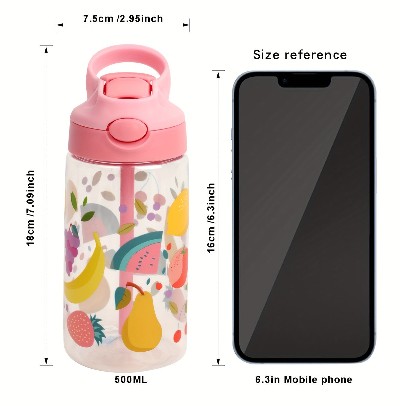 New 500ml BPA-free plastic water bottle with trendy cartoon designs, straw, designed for school students and sports.