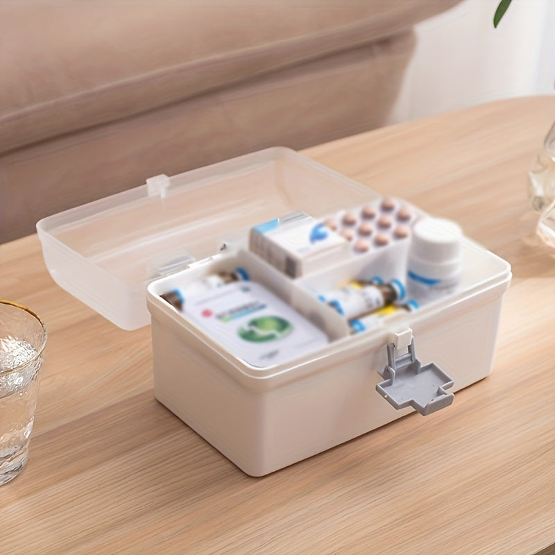 Household dustproof medicine box with large capacity for emergency care. This portable multi-layer plastic box provides storage bins for home organization.