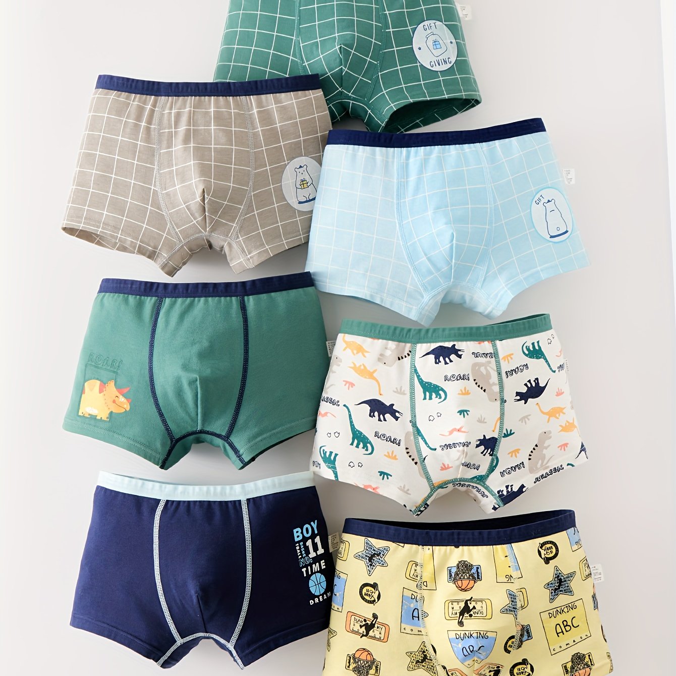 Boys' 7pcs Cute Dinosaur Cartoon Boxer Briefs - Soft Cotton, Elastic Waist, All-Season Comfort